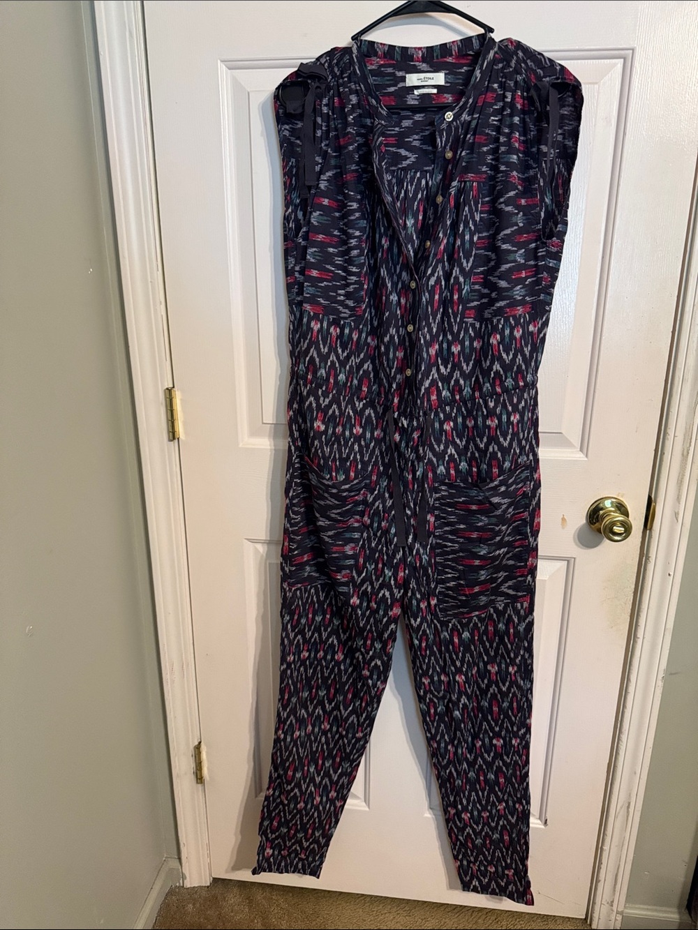 Isabel Marant Navy Jumpsuit with Pink and Gray Ikat Print